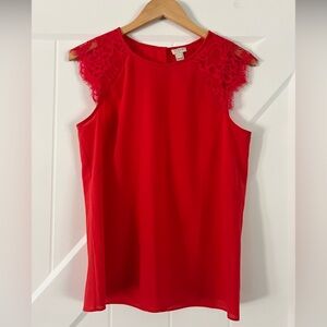 J. Crew Red Blouse with Lace Cap Sleeves